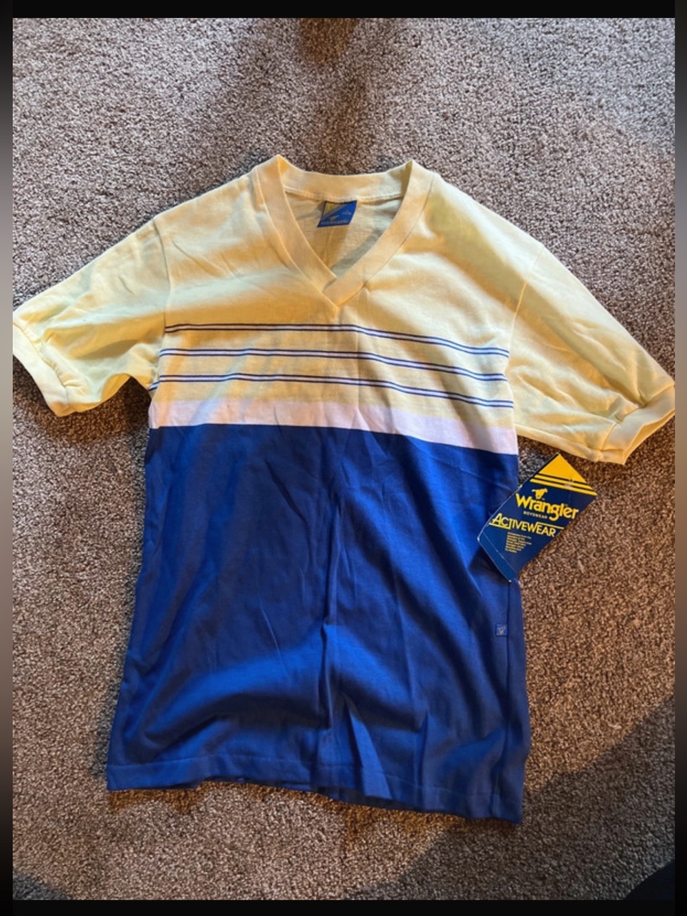 Vintage Wrangler boys Yellow and Blue V-Neck Short Sleeve Tee with Stripes